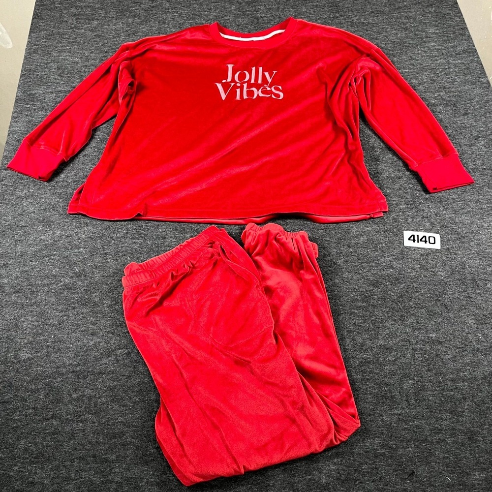 Joyspun Jolly Vibes Velour Pajama Set Womens 2X Red Stretch Spellout Sleepwear